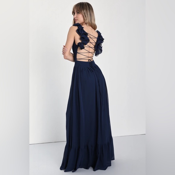 Soiree Celebration Navy Blue Ruffled Lace-Up Maxi Dress - Picture 3 of 3